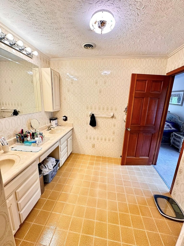 1595 Edgewater Dr, Grundy, VA 24614 - full bathroom featuring wallpapered walls, a textured ceiling, ornamental molding, double vanity, and tile patterned floors