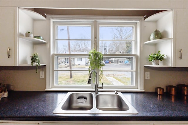 409 Crescent Dr, Glade Spring, VA 24340 - kitchen view of open shelves, a sink, white cabinets, and dark countertops