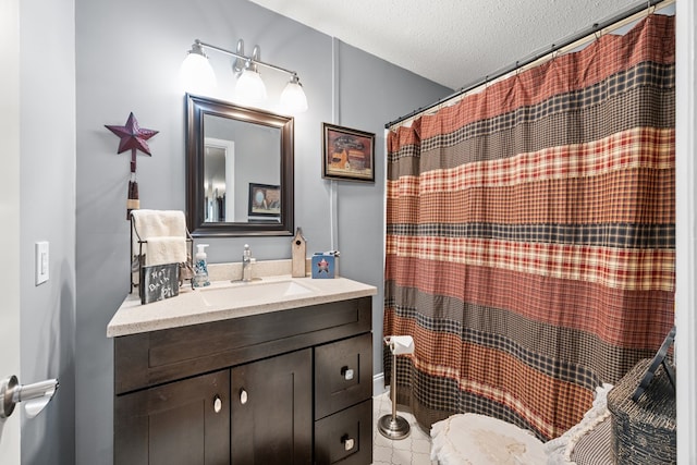 7268 Southern View Rd, Bristol, VA 24202 - bathroom with tile patterned floors, vanity, a textured ceiling, and a shower with shower curtain