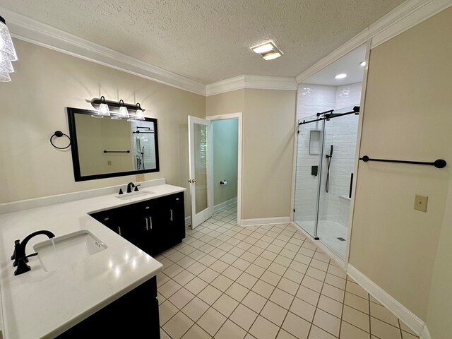 23677 Archery Range Rd, Bristol, VA 24202 - bathroom featuring double vanity, a shower stall, crown molding, tile patterned floors, and a textured ceiling