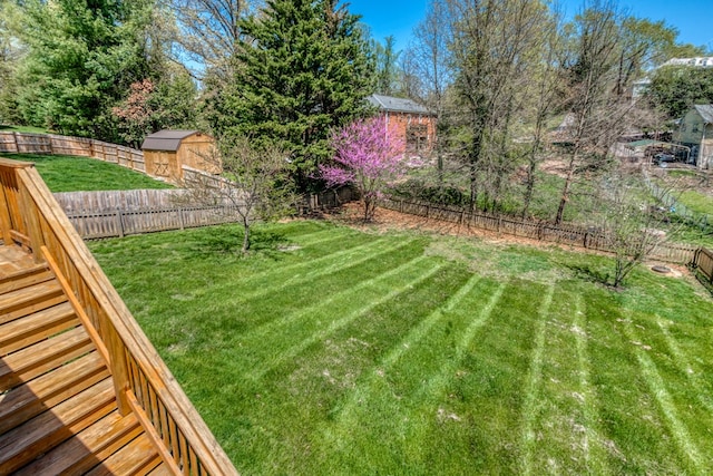 view of yard featuring a fenced backyard, an outdoor structure, and a storage shed
