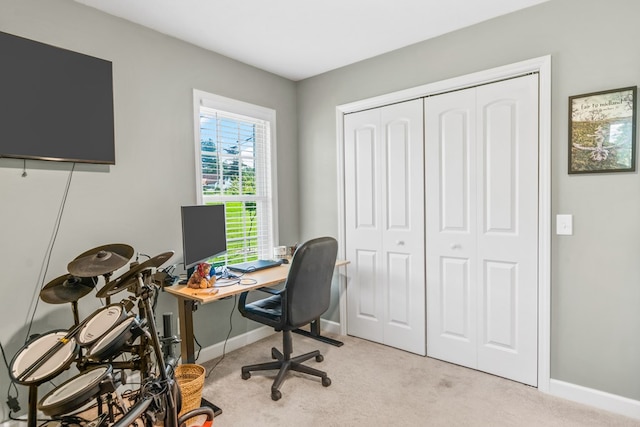 office area featuring light carpet