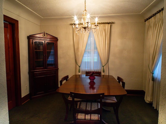 3878 Blue Grass Trl, Saltville, VA 24370 - dining space with a chandelier, carpet flooring, a textured wall, and a textured ceiling