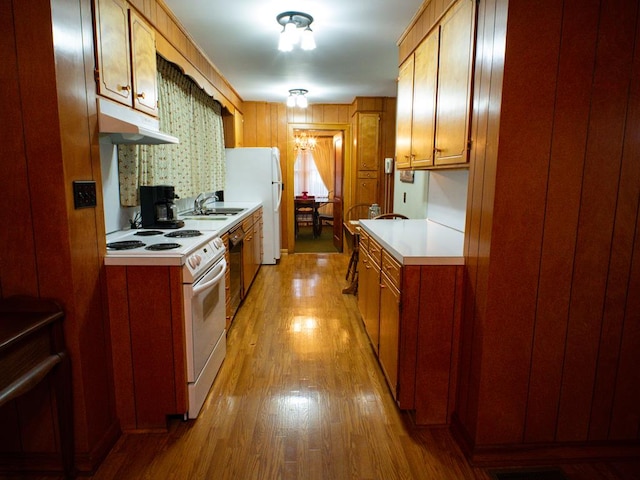 3878 Blue Grass Trl, Saltville, VA 24370 - kitchen with white appliances, under cabinet range hood, light wood-type flooring, light countertops, and brown cabinetry