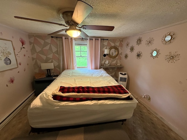 108 Square St, Bluefield, VA 24605 - bedroom featuring a baseboard radiator, a textured ceiling, a ceiling fan, wallpapered walls, and carpet