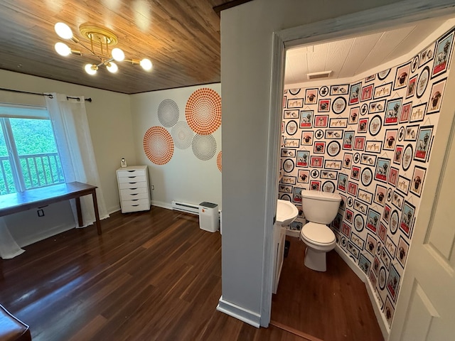 108 Square St, Bluefield, VA 24605 - bathroom with wood finished floors, wood ceiling, toilet, a baseboard radiator, and baseboards