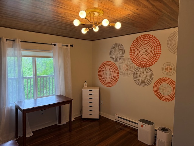 108 Square St, Bluefield, VA 24605 - misc room with a baseboard heating unit, a chandelier, wood finished floors, wood ceiling, and baseboards