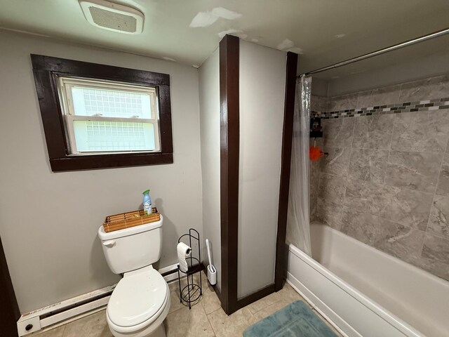 108 Square St, Bluefield, VA 24605 - full bath featuring a baseboard radiator, toilet, tile patterned flooring, shower / bathtub combination with curtain, and baseboards