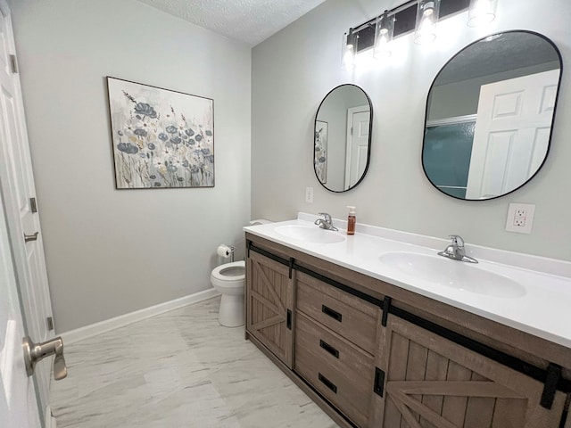 123 Clearwater Ln, Galax, VA 24333 - bathroom with marble look tiles, double vanity, and a textured ceiling
