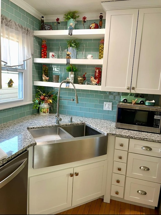 348 Rainbow Cir, Independence, VA 24381 - kitchen featuring stainless steel appliances, backsplash, white cabinets, ornamental molding, and open shelves