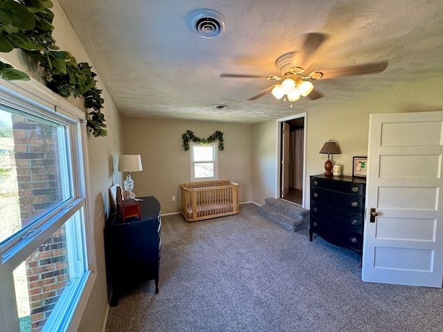 living area featuring carpet floors and a textured ceiling