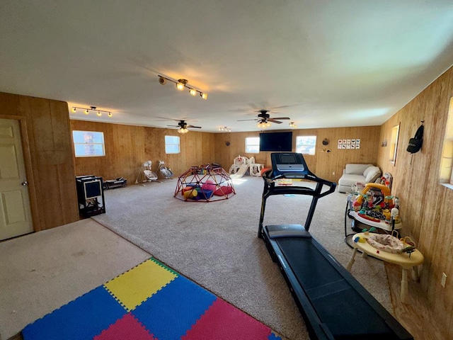 workout room with wooden walls and carpet floors