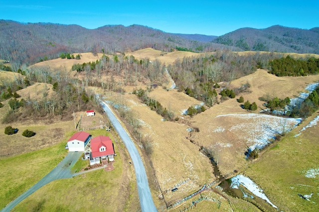 drone / aerial view featuring a mountain view