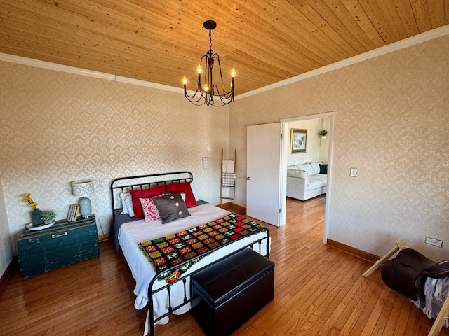 bedroom with an inviting chandelier, ornamental molding, wooden ceiling, and wood-type flooring