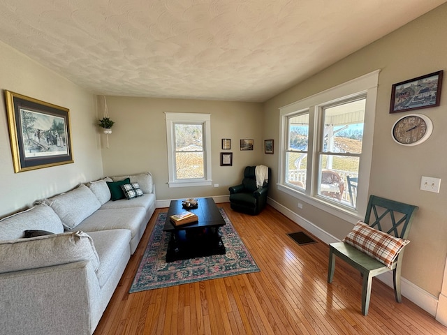 living room featuring a healthy amount of sunlight, light hardwood / wood-style flooring, and a textured ceiling