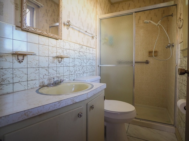 bathroom featuring toilet, a stall shower, decorative backsplash, and vanity