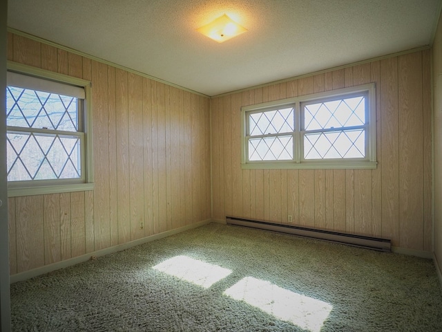 carpeted empty room with wooden walls, plenty of natural light, a baseboard heating unit, and a textured ceiling