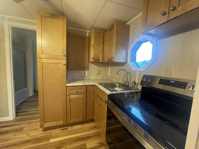3747 Mountain Rd, Cedar Bluff, VA 24609 - kitchen with stainless steel electric range oven, a sink, light wood-style flooring, and light countertops