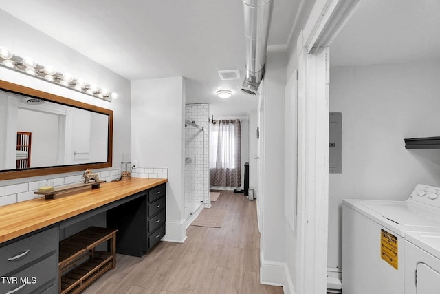 24 6th St, Bristol, TN 37620 - full bathroom featuring wood finished floors, visible vents, electric panel, washing machine and clothes dryer, and a stall shower