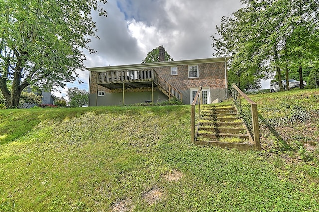 420 Brookwood Dr, Bristol, TN 37620 - back of house featuring stairs, a deck, brick siding, and a chimney