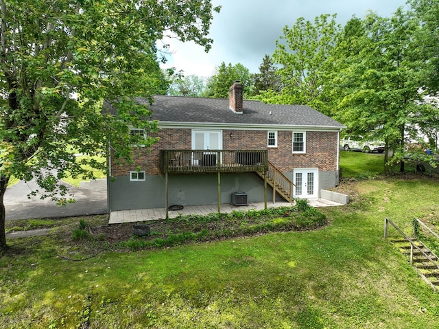 420 Brookwood Dr, Bristol, TN 37620 - rear view of property with french doors, a wooden deck, brick siding, and a chimney