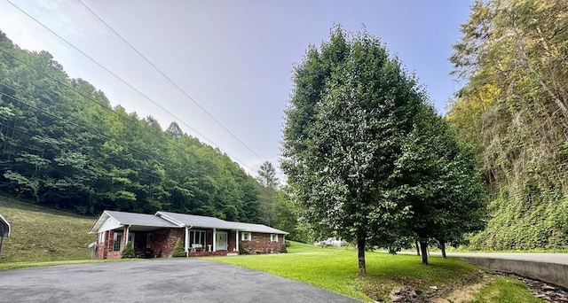 2989 Greenbrier Rd, Haysi, VA 24256 - ranch-style house with asphalt driveway, brick siding, covered porch, and a front yard