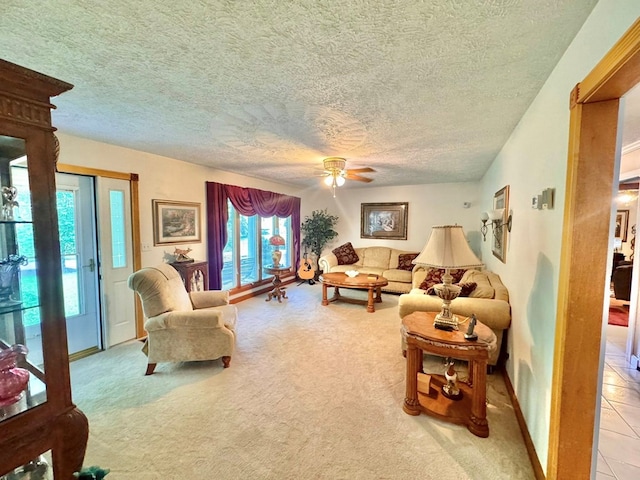 2989 Greenbrier Rd, Haysi, VA 24256 - living area with light carpet, a textured ceiling, and a ceiling fan