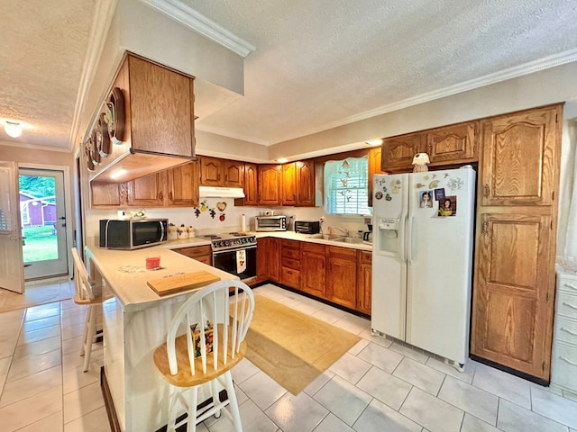 2989 Greenbrier Rd, Haysi, VA 24256 - kitchen with white refrigerator with ice dispenser, electric range oven, stainless steel microwave, a textured ceiling, and under cabinet range hood