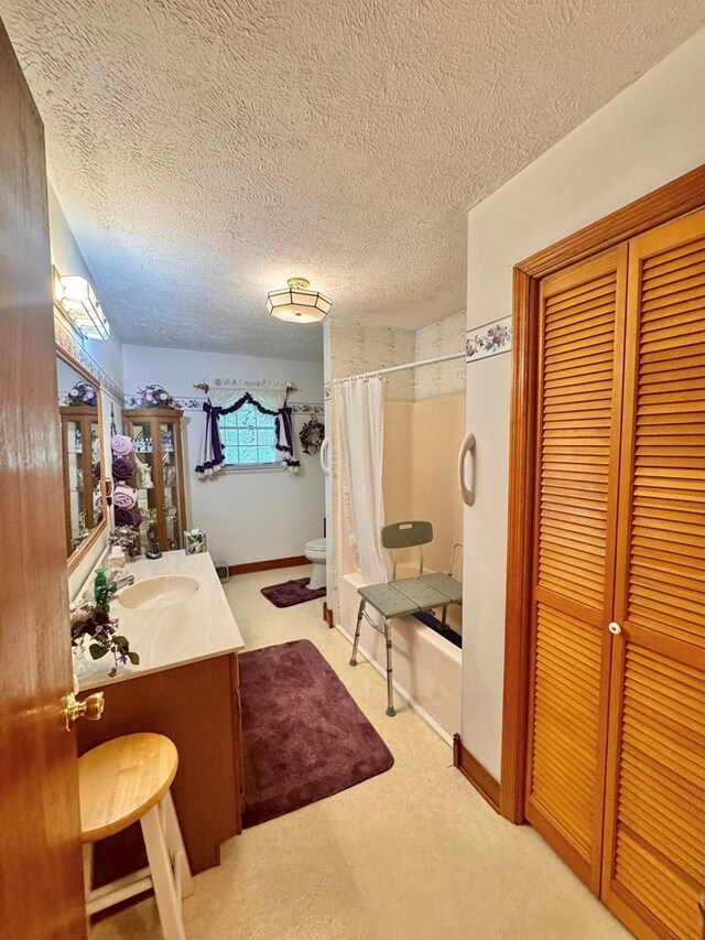 2989 Greenbrier Rd, Haysi, VA 24256 - full bathroom with shower / bathtub combination with curtain, vanity, a textured ceiling, and a closet