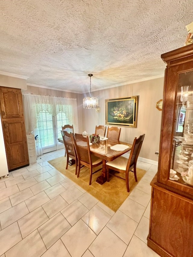 2989 Greenbrier Rd, Haysi, VA 24256 - dining area featuring crown molding, light tile patterned floors, a chandelier, and a textured ceiling