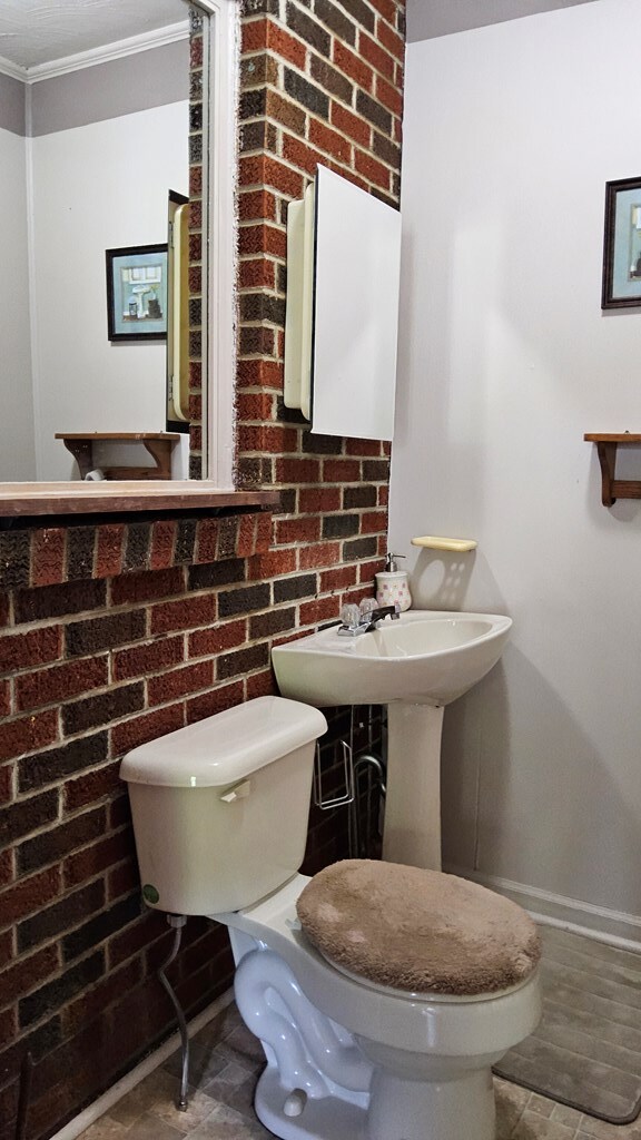 1359 Scratch Gravel Rd, Marion, VA 24354 - half bath featuring crown molding and brick wall