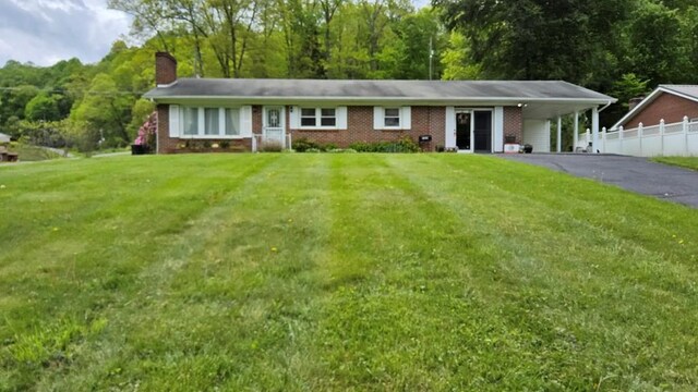 1359 Scratch Gravel Rd, Marion, VA 24354 - ranch-style home featuring a chimney, asphalt driveway, a carport, brick siding, and a forest view