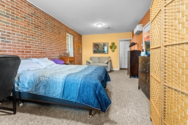 bedroom with light carpet, an AC wall unit, and brick wall