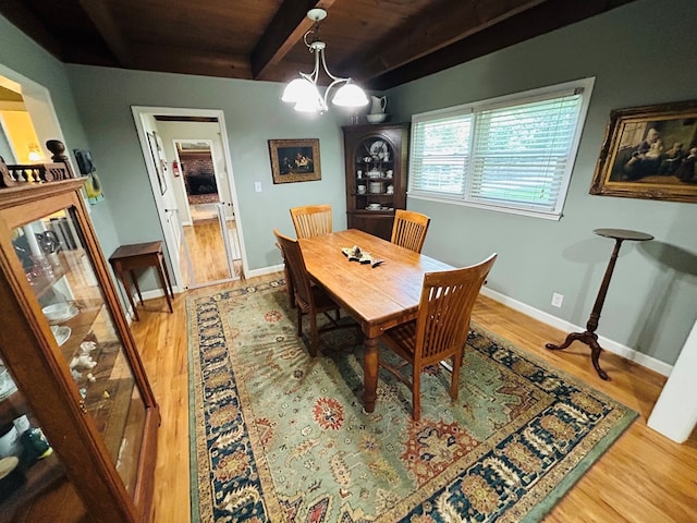 18335 Westwood Dr, Abingdon, VA 24211 - dining room featuring a wood ceiling with exposed beams, wood finished floors, and a chandelier