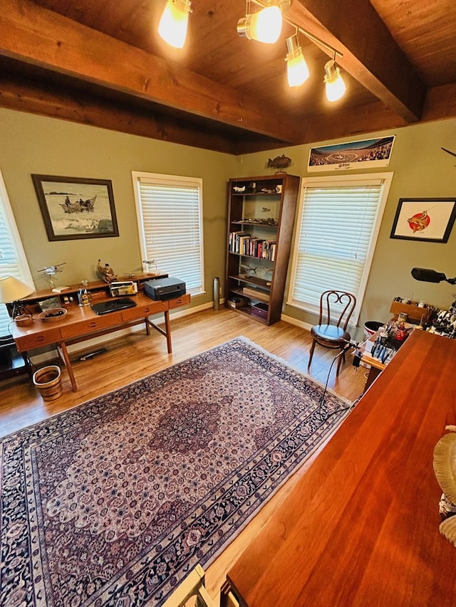 18335 Westwood Dr, Abingdon, VA 24211 - living room featuring wood finished floors and a wooden ceiling with exposed beams
