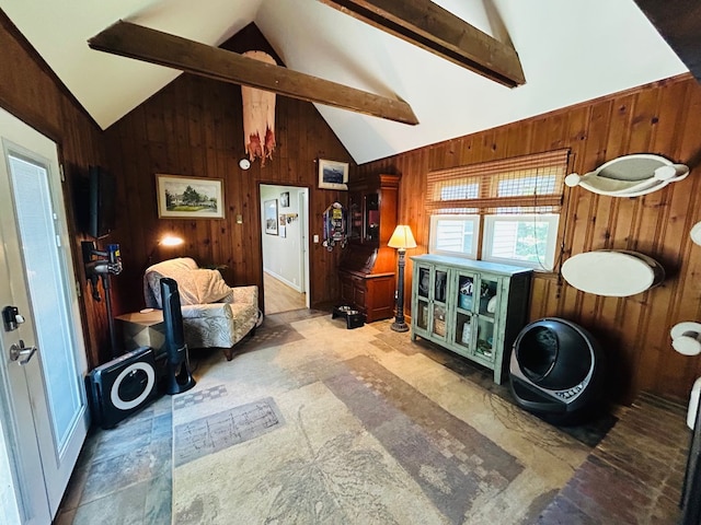 18335 Westwood Dr, Abingdon, VA 24211 - living area with wooden walls, beam ceiling, and high vaulted ceiling