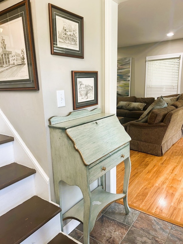 18335 Westwood Dr, Abingdon, VA 24211 - dining space featuring stairs, stone finish flooring, and recessed lighting