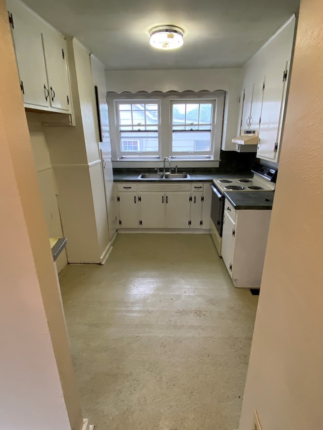 250 Staley St, Marion, VA 24354 - kitchen featuring dark countertops, electric stove, ventilation hood, white cabinets, and concrete floors