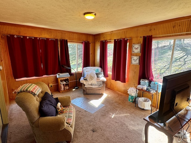 sitting room with carpet floors, a textured ceiling, and wood walls