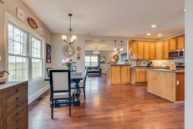 kitchen with pendant lighting, appliances with stainless steel finishes, an inviting chandelier, baseboards, and dark wood-style flooring