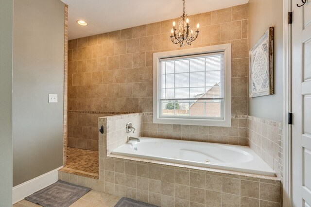 bathroom with tile patterned flooring, a garden tub, recessed lighting, and a walk in shower