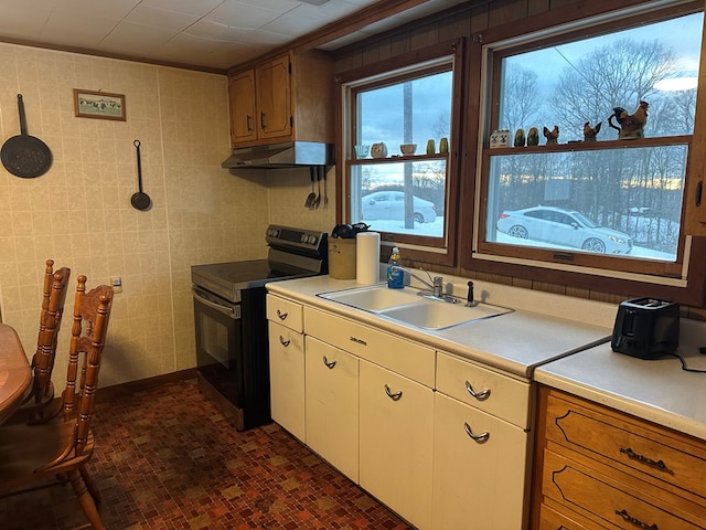 4860 Greasy Creek Rd, Bandy, VA 24602 - kitchen featuring electric stove, a sink, under cabinet range hood, light countertops, and tile walls