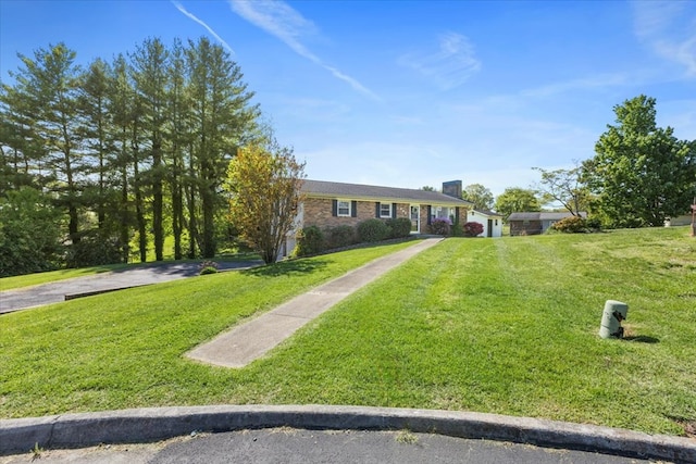 542 Mosswood Ln, Bristol, VA 24201 - ranch-style house with a front yard, driveway, brick siding, and a chimney