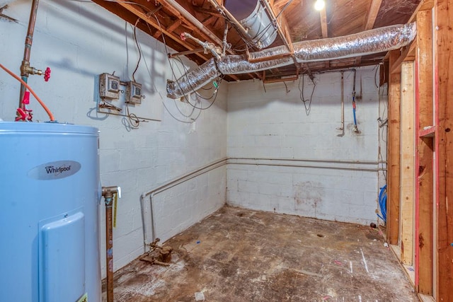 unfinished below grade area featuring electric water heater