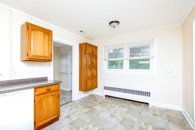 kitchen with radiator, dark countertops, dishwasher, ornamental molding, and brown cabinetry