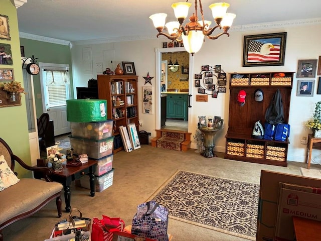 interior space with ornamental molding, an inviting chandelier, and carpet floors
