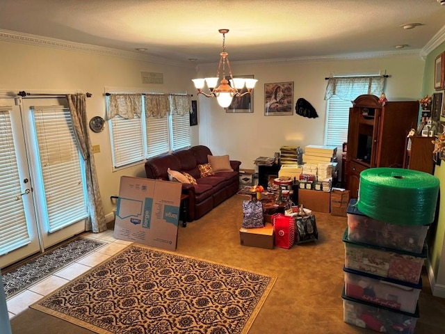 living area featuring a chandelier and crown molding