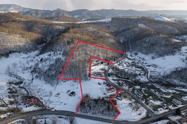 snowy aerial view featuring a mountain view