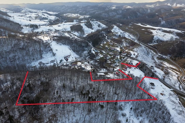 snowy aerial view featuring a mountain view