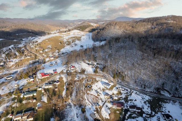 snowy aerial view featuring a mountain view